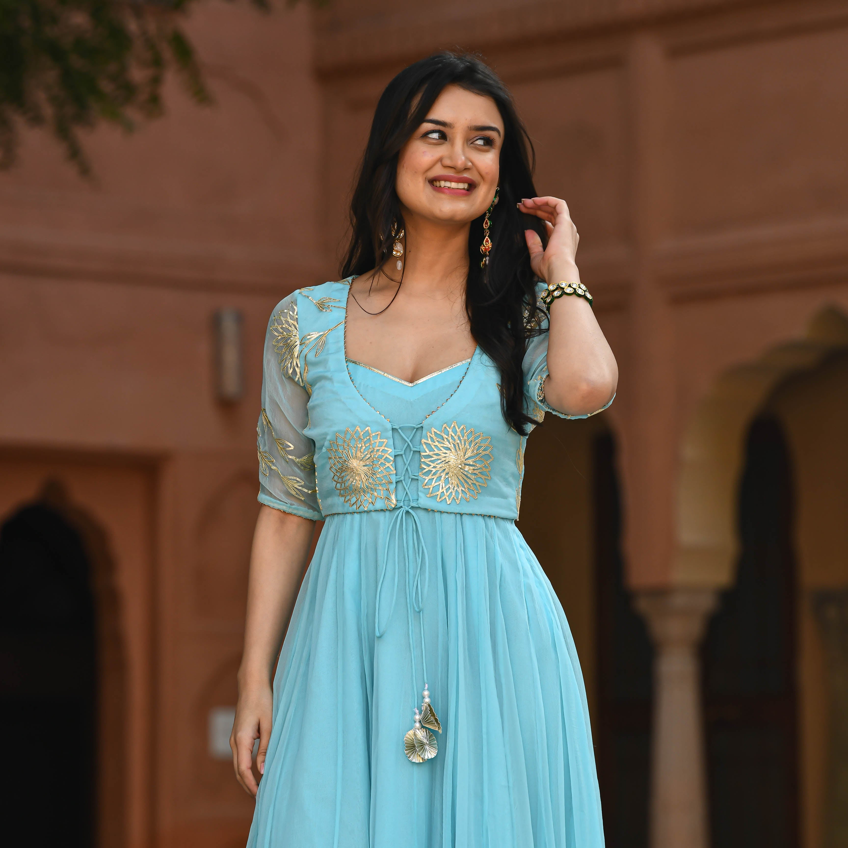 Buy Dusala India Aashi Blue Embroidered Dress with Dupatta (Set of 2) online